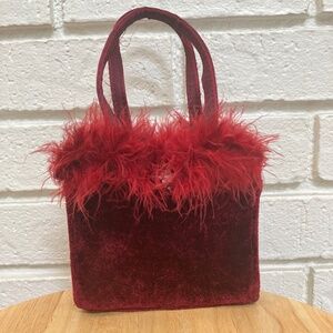 Mini Handbag Burgundy Red Velvet With Fluffy Trim and Snap Closure